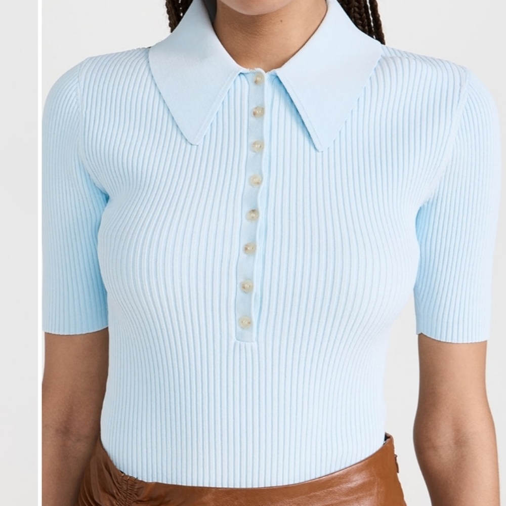 A.L.C. Pale Blue Ribbed Short Sleeve Polo Bodysuit - Picture 2 of 10
